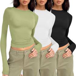 3er Pack Damen Langarmshirt Slim Fit Damen Y2K Oberteile Langarm Shirts Rundhals Cropped Tee Einfarbig Basic Crop Tops Casual Athletisches Top Teenager Streetwear von EWFAS