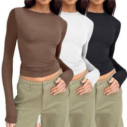 3er Pack Damen Langarmshirt Slim Fit Damen Y2K Oberteile Langarm Shirts Rundhals Cropped Tee Einfarbig Basic Crop Tops Casual Athletisches Top Teenager Streetwear von EWFAS