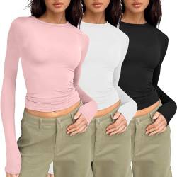 3er Pack Damen Langarmshirt Slim Fit Damen Y2K Oberteile Langarm Shirts Rundhals Cropped Tee Einfarbig Basic Crop Tops Casual Athletisches Top Teenager Streetwear von EWFAS