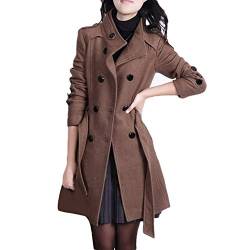 Damen Mantel Trenchcoat,Elegant Schwarz Umlegekragen Wollmantel Zweireihiger Longsleeve Große Größen Winddichter Lang Winter Einfarbige Wintermantel Verstellbare Herbst Übergangsmantel Damenmantel von EWFAS