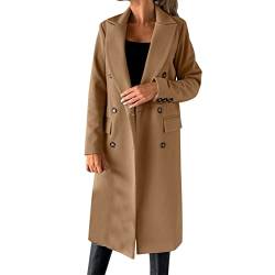 Damen Mantel Trenchcoat,Elegant Schwarz Umlegekragen Wollmantel Zweireihiger Longsleeve Große Größen Winddichter Winter Einfarbige Wintermantel Verstellbare Herbst Damenmantel Elegant Wollmantel von EWFAS