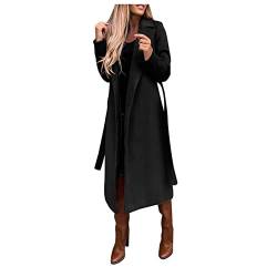 EWFAS Damen Mantel Trenchcoat,Elegant Schwarz Umlegekragen Wollmantel Zweireihiger Longsleeve Große Größen Winddichter Lang Winter Einfarbige Wintermantel Verstellbare Herbst Damenmantel von EWFAS