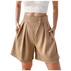 EWFAS Damen Sommer Lange Shorts Lässig Weites Bein Heiße Hose Baumwolle Elastische Taille Anzug Shorts mit Taschen Lässig Elastische Hohe Taille Weite Bein Kurzhose Business Cargo Hosen Sommer Shorts von EWFAS