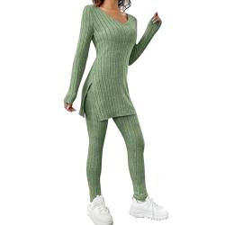 EWFAS Damen Strickanzug Freizeit Outfit Langarm Gerippt Strickpullover Lange Schlaghose Sportanzug Lounge Set von EWFAS