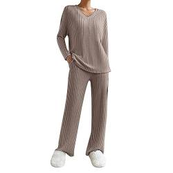 EWFAS Damen Strickanzug Freizeit Outfit Langarm Gerippt Strickpullover Lange Schlaghose Sportanzug Lounge Set von EWFAS