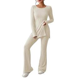 EWFAS Damen Strickanzug Freizeit Outfit Langarm Gerippt Strickpullover Lange Schlaghose Sportanzug Lounge Set von EWFAS