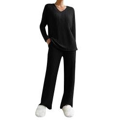 EWFAS Damen Strickanzug Freizeit Outfit Langarm Gerippt Strickpullover Lange Schlaghose Sportanzug Lounge Set von EWFAS