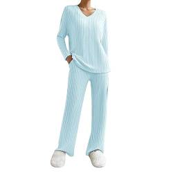 EWFAS Damen Strickanzug Freizeit Outfit Langarm Gerippt Strickpullover Lange Schlaghose Sportanzug Lounge Set von EWFAS