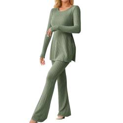 EWFAS Damen Strickanzug Freizeit Outfit Langarm Gerippt Strickpullover Lange Schlaghose Sportanzug Lounge Set von EWFAS