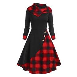 EWFAS Plaid Kapuzenkleid für Damen Langarm Kleider Vintage Hoodie Kleid Wasserfallkragen Patchwork Pullover Herbst Winter Rollkragen Karierte Langarmshirt Oversize Sweatshirt von EWFAS