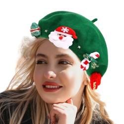 Weihnachts-Französisches Barett,Mützen Hüte Weihnachtsbaum Weihnachtsmann Baskenmütze aus Wolle | Warme, süße Wintermütze, französische Haarspange, Baskenmütze, für Damen und Mädchen Ewoke von EWOKE