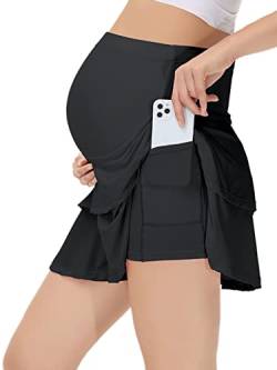 Damen Umstands-Golf Tennisröcke über dem Bauch mit integrierten Shorts Hohe Taille Rüschen Athletic Skorts mit Taschen, schwarz, Mittel von EXARUS
