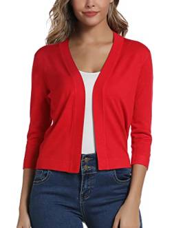 Damen 3/4 Ärmel Open Front Bolero Strickjacke Shrug Solid Cardigan Top (L, Rot) von EXCHIC