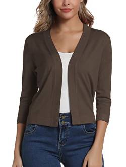 Damen 3/4 Ärmel Open Front Bolero Strickjacke Shrug Solid Cardigan Top (M, Braun) von EXCHIC