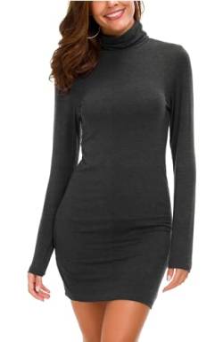Damen Bodycon Kleid Rollkragen Langarm Basic T-Shirt Kleid (L, Grau) von EXCHIC