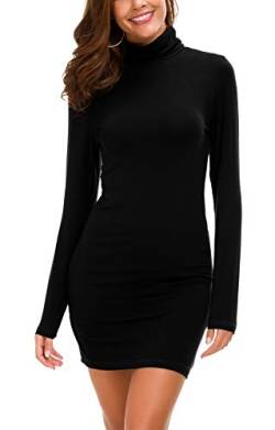 Damen Bodycon Kleid Rollkragen Langarm Basic T-Shirt Kleid (L, Schwarz) von EXCHIC