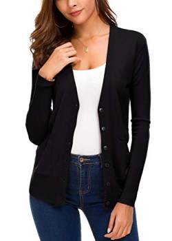 Damen Front Cardigan Button Down Strickpullover Mantel mit Taschen - Schwarz - Groß von EXCHIC