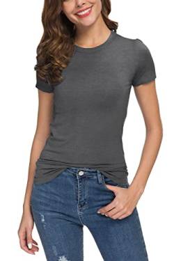 Damen Sommer Lässig Tailliert Rundhals T-Shirt Solide Dehnbar Kurzarm Tops(L, Dunkelgrau) von EXCHIC