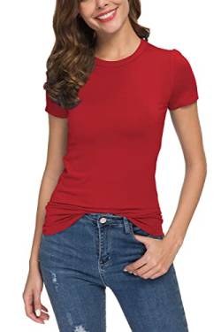 Damen Sommer Lässig Tailliert Rundhals T-Shirt Solide Dehnbar Kurzarm Tops(L, Rot) von EXCHIC
