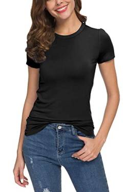 Damen Sommer Lässig Tailliert Rundhals T-Shirt Solide Dehnbar Kurzarm Tops(L, Schwarz) von EXCHIC