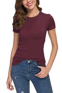 Damen Sommer Lässig Tailliert Rundhals T-Shirt Solide Dehnbar Kurzarm Tops(L, Weinrot) von EXCHIC