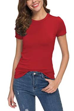 Damen Sommer Lässig Tailliert Rundhals T-Shirt Solide Dehnbar Kurzarm Tops(M, Rot) von EXCHIC