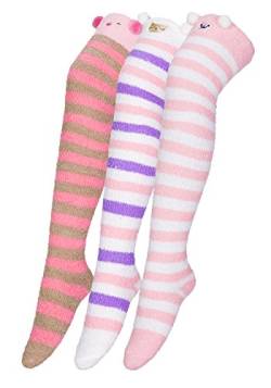 EXCHIC Damen 3D niedliche Cartoon Kniestrümpfe Plüsch Winter Casual verdicken gestreifte Socken (3 Packs-B) von EXCHIC