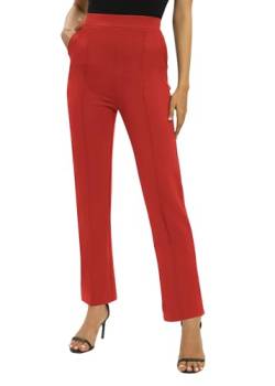 EXCHIC Damen Büro Gerades Bein Arbeits Hosen Freizeithosen Elastische Taille Hosen mit Taschen(M, Rot) von EXCHIC