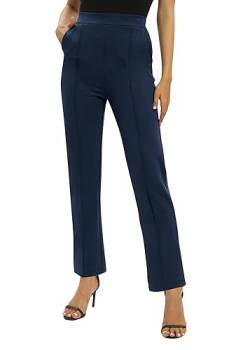 EXCHIC Damen Büro Gerades Bein Arbeits Hosen Freizeithosen Elastische Taille Hosen mit Taschen(XL, Navy Blau) von EXCHIC