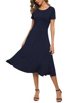 EXCHIC Damen Casual Rundhals A-Linie Kurzarm Midi Kleid Sommer Stretchy Knie Langes Freizeitkleider(M, Navy blau) von EXCHIC