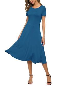 EXCHIC Damen Casual Rundhals A-Linie Kurzarm Midi Kleid Sommer Stretchy Knie Langes Freizeitkleider(M, Stahlblau) von EXCHIC