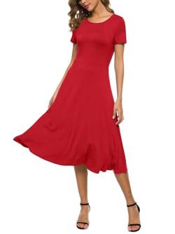 EXCHIC Damen Casual Rundhals A-Linie Kurzarm Midi Kleid Sommer Stretchy Knie Langes Freizeitkleider(S, Rot) von EXCHIC