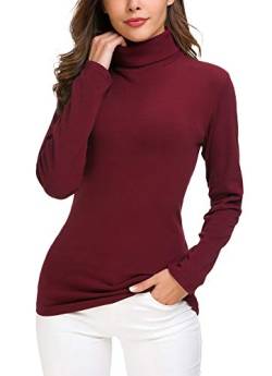EXCHIC Damen Casual Tailliert Rollkragen Pullover Solide Langarm Elastisch Sweatshirts (L, Weinrot) von EXCHIC