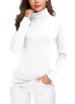 EXCHIC Damen Casual Tailliert Rollkragen Pullover Solide Langarm Elastisch Sweatshirts (L, Weiß) von EXCHIC