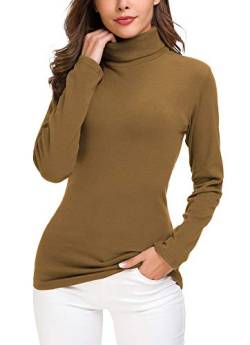 EXCHIC Damen Casual Tailliert Rollkragen Pullover Solide Langarm Elastisch Sweatshirts (M, Cashew) von EXCHIC