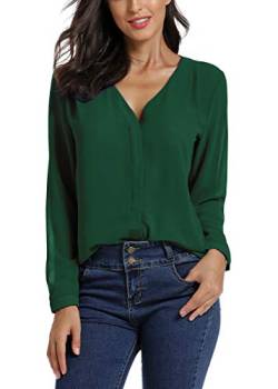 EXCHIC Damen Casual V-Ausschnitt Chiffon Bluse Langarm Top Shirt - Grün - X-Groß von EXCHIC