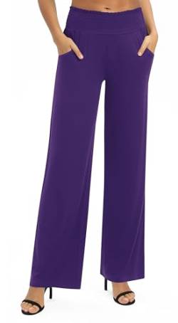 EXCHIC Damen Einfarbig Lose Gerade Geschnitten Palazzo Hose Hohe Taille Dehnbar Lounge Hose mit Taschen(M, Violett) von EXCHIC