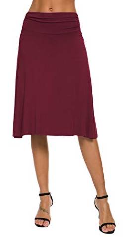 EXCHIC Damen Elastische Taille Einfarbig A-Linie Yoga Rock (L, Wein-Rot) von EXCHIC