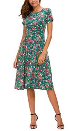 EXCHIC Damen Elegant Casual Rundhals A-Linie Kurzarm Midi Kleider Blumenmuster Rundhals Sommer Knielang Kleider(L, 1) von EXCHIC