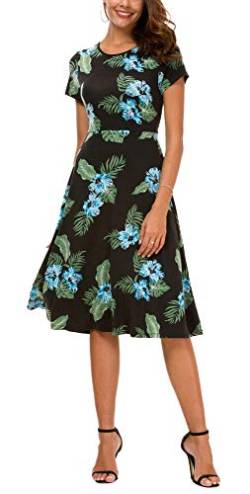 EXCHIC Damen Elegant Casual Rundhals A-Linie Kurzarm Midi Kleider Blumenmuster Rundhals Sommer Knielang Kleider(L, 2) von EXCHIC