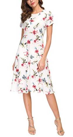 EXCHIC Damen Elegant Casual Rundhals A-Linie Kurzarm Midi Kleider Blumenmuster Rundhals Sommer Knielang Kleider(L, 5) von EXCHIC