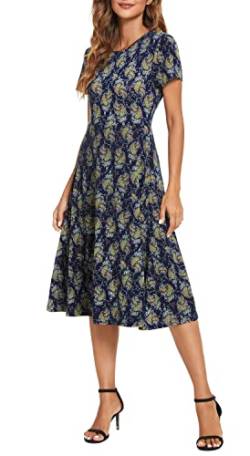 EXCHIC Damen Elegant Casual Rundhals A-Linie Kurzarm Midi Kleider Blumenmuster Rundhals Sommer Knielang Kleider(M, 17) von EXCHIC