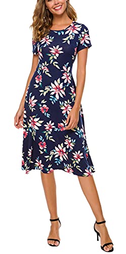 EXCHIC Damen Elegant Blumendruck Kleid Rundhals Knielang Kleider (XL, 11) von EXCHIC