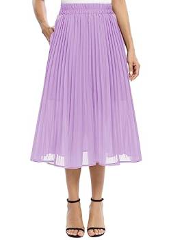 EXCHIC Damen Lässig Chiffon Elastisch Taille Eine Linie Falten Midirock mit Tasche(M, Lavendel) von EXCHIC