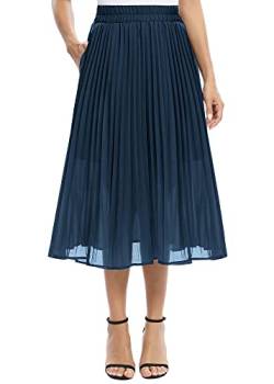 EXCHIC Damen Lässig Chiffon Elastisch Taille Eine Linie Falten Midirock mit Tasche (XL, Navy Blau) von EXCHIC