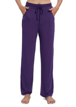 EXCHIC Damen Lässig Dehnbar Gerades Bein Hose mit Kordelzug Elastische Taille Yoga Hose mit Taschen(XL, Violett) von EXCHIC