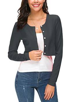 EXCHIC Damen Lässig Langarm Bolero Short Cardigan Button Down Rundhals Gestrickte Shrug Strickjacke (L, Grau) von EXCHIC