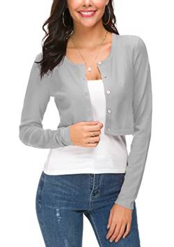 EXCHIC Damen Lässig Langarm Bolero Short Cardigan Button Down Rundhals Gestrickte Shrug Strickjacke (L, Licht Grau) von EXCHIC