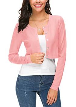 EXCHIC Damen Lässig Langarm Bolero Short Cardigan Button Down Rundhals Gestrickte Shrug Strickjacke (L, Rosa) von EXCHIC