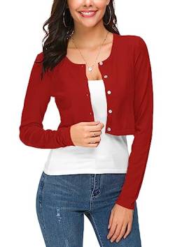 EXCHIC Damen Lässig Langarm Bolero Short Cardigan Button Down Rundhals Gestrickte Shrug Strickjacke (L, Rot) von EXCHIC